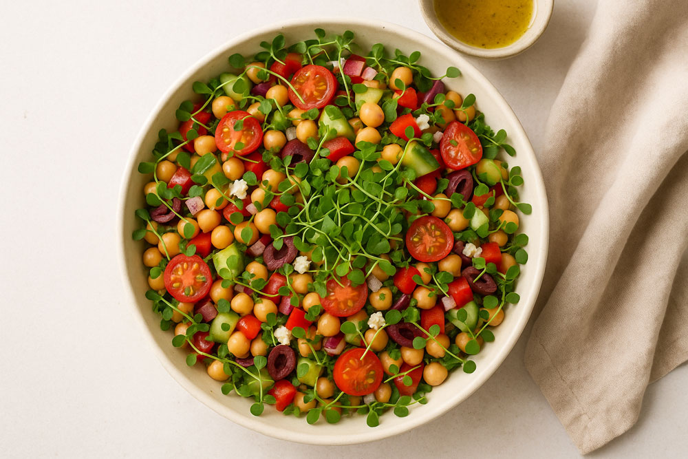 A vibrant Middle Eastern chickpea salad in a ceramic bowl, topped with cherry tomatoes, cucumbers, olives, feta, and generously scattered fresh microgreens, with a small bowl of dressing and a beige linen napkin beside it.