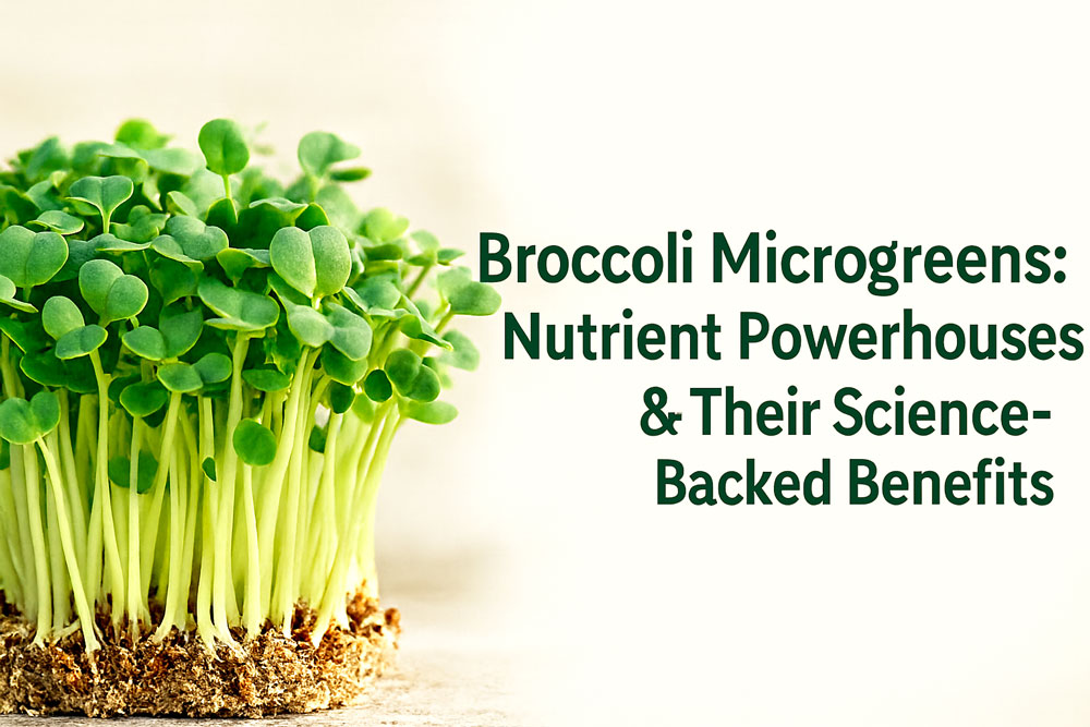 Vibrant broccoli microgreens growing in sunlight, showcasing young leaves full of green color and texture