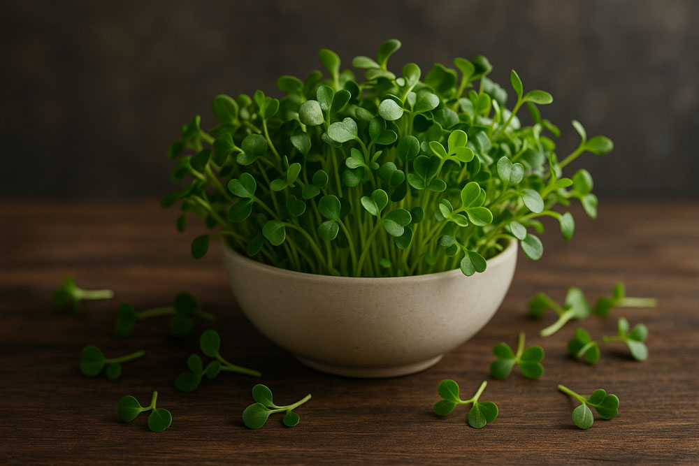 Fresh green microgreens in a ceramic bowl on a rustic wooden table with a blurred dark background.